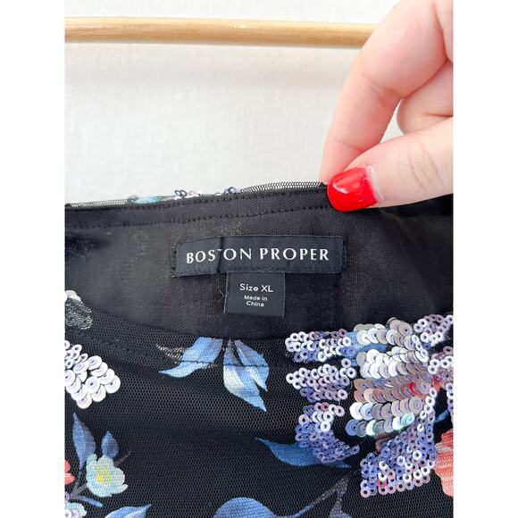 Boston Proper Floral Sequin Blouse XL Boatneck Mesh Glam Modest - Picture 3 of 7